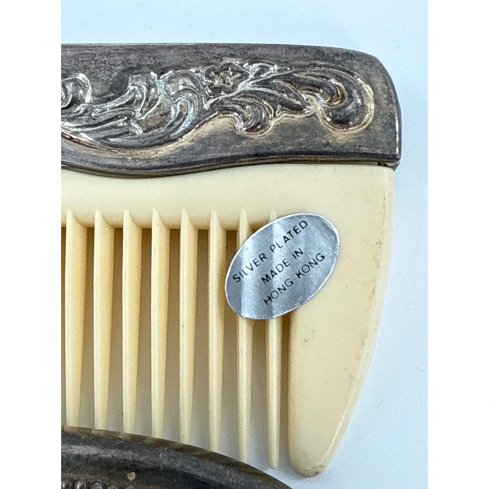 Vintage Vanity Set Women Silver Plated Floral Repousse Mirror Brush Comb 3pc